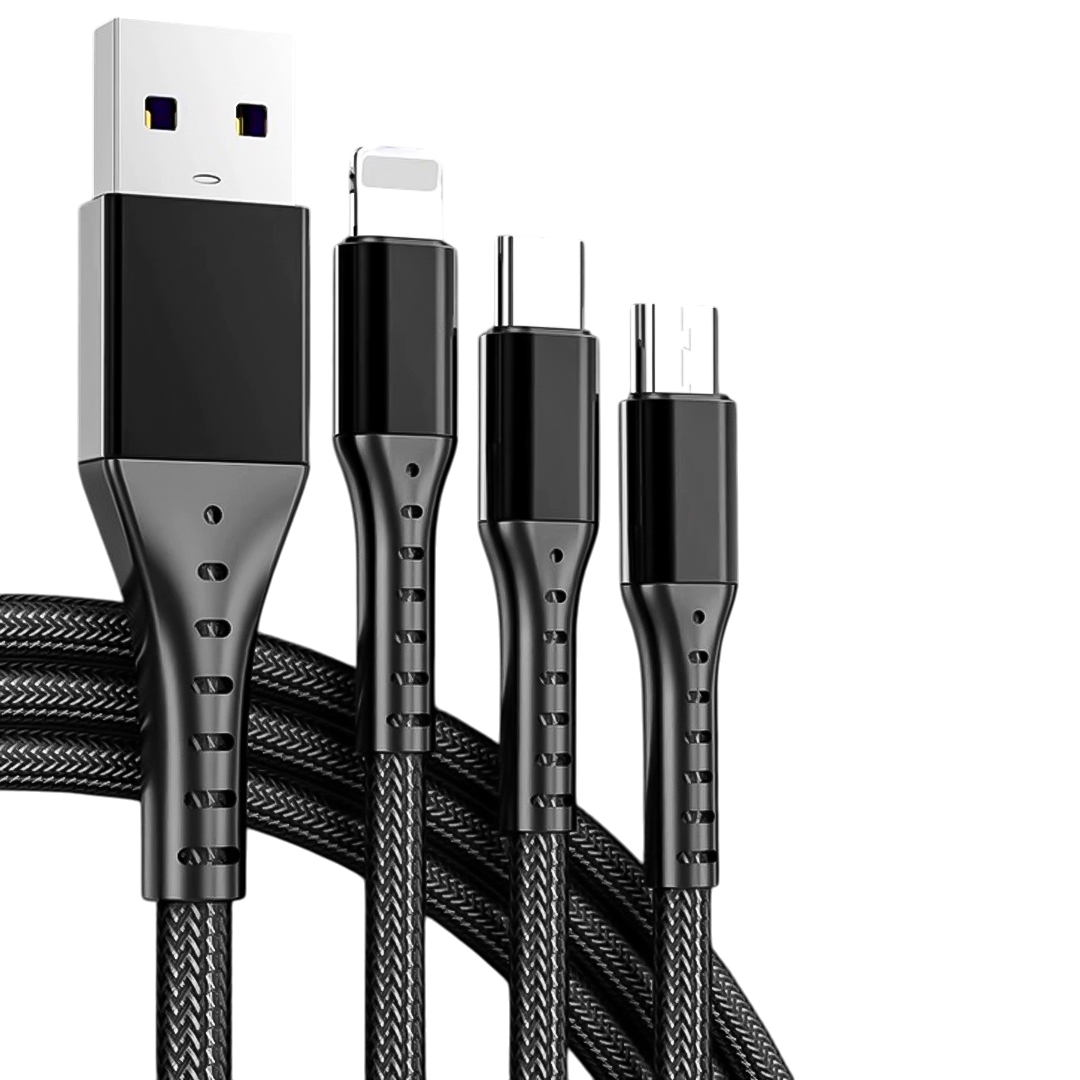 3IN1 SİYAH 1.2 METRE (MICRO USB - LIGHTNING - TYPE C) TELEFON ŞARJ KABLOSU (5271)