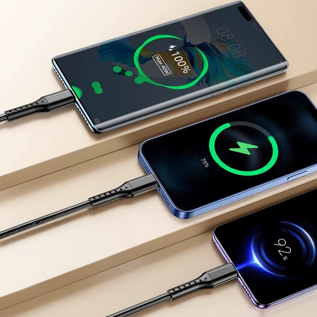 3IN1 SİYAH 1.2 METRE (MICRO USB - LIGHTNING - TYPE C) TELEFON ŞARJ KABLOSU (5271)