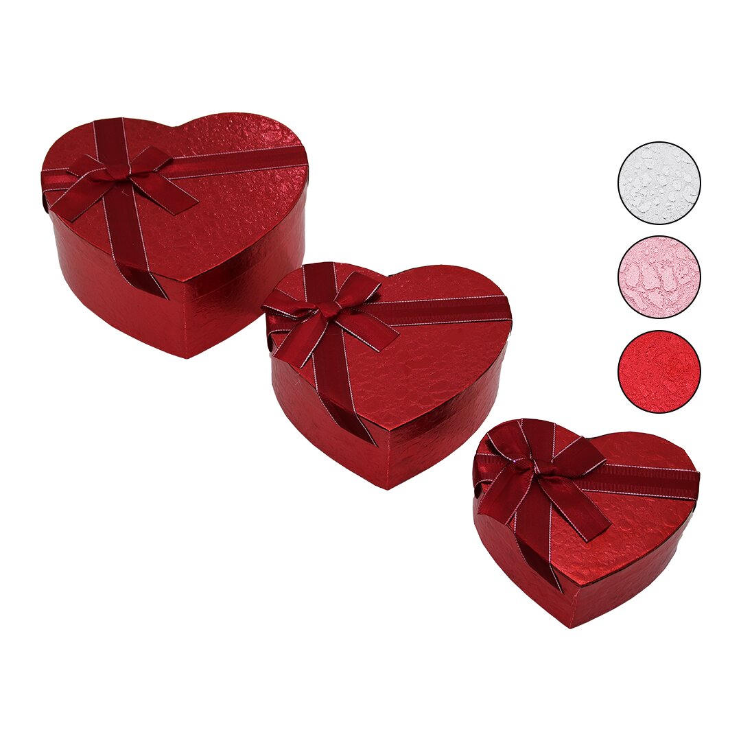 3PCS   KALP  PARLAK RENKLİ - KABARTMA DESEN KARTON HEDİYE KUTUSU KURDELALI  15-18-21CM (5271)