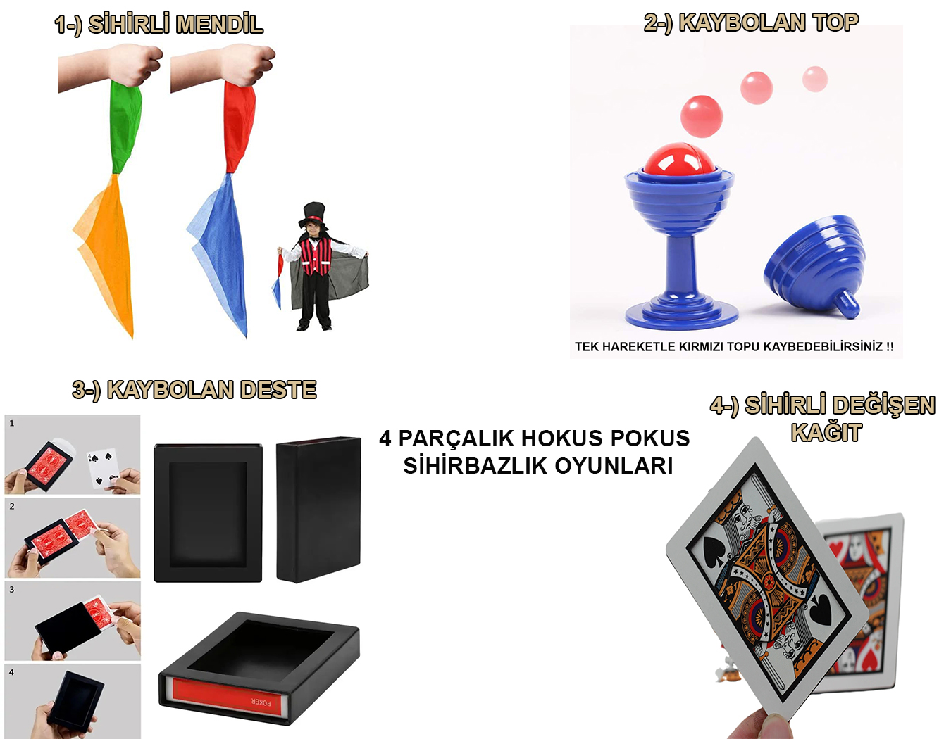 4&apos;lü Sihirbazlık Seti – Hokus Pokus Sihirli Numara Seti-KUPA-MENDİL-DESTE-İSKAMBİL (5271)