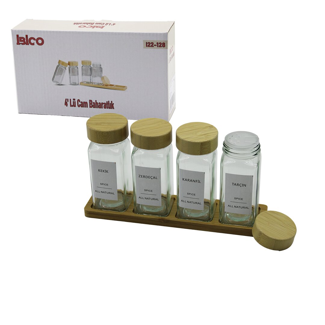 4PCS BAMBU KAPAKLI CAM TUZLUK - BİBERLİK - BAHARATLIK 120ML (5271)