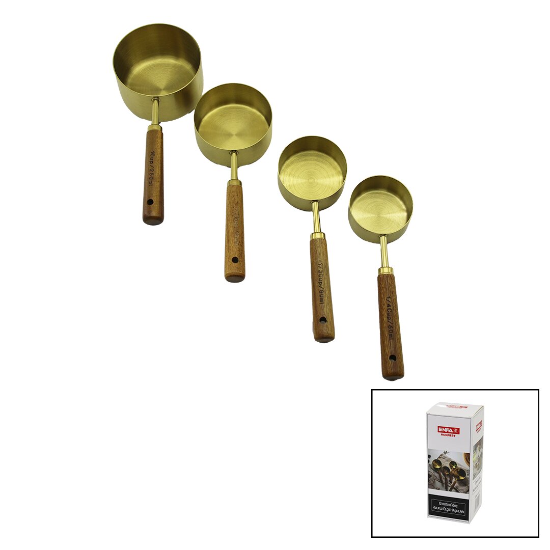 4PCS  GOLD METAL ÖLÇÜ KAŞIK SET OTANTİK AĞAÇ KULP 1CUP: 250ML - 1/2 CUP: 125ML - 1/3 CUP: 80ML - 1/4 CUP: 60ML (5271)