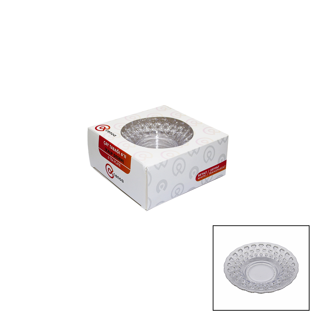 6 PARÇA  ÇAY TABAK KALP DESENLİ ŞEFFAF - BEYAZ MİKA KRİSTAL (5271)