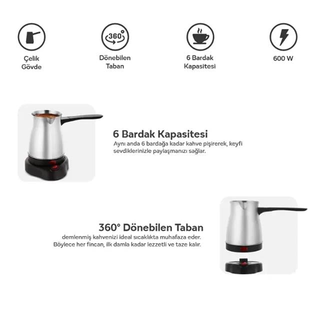 600W 6 Fincan Elektrikli Türk Kahve Makinesi Paslanmaz Çelik Inox Cezve AC 220V CRW-7104 (5271)
