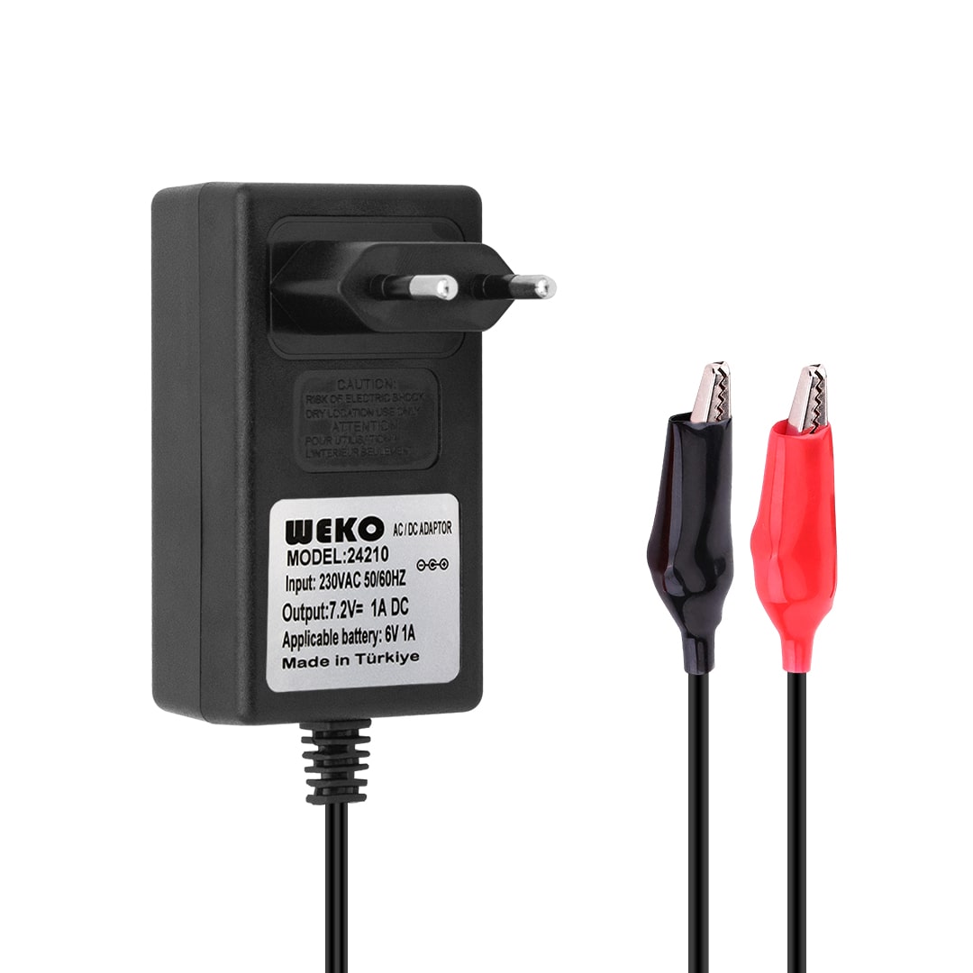 7.2 VOLT - 1 AMPER KROKODİL UÇLU PRİZ TİP KIRMIZI YEŞİL LEDLİ YERLİ ÜRETİM AKÜ ŞARJ ADAPTÖRÜ (OUT:6V1A) (5271)