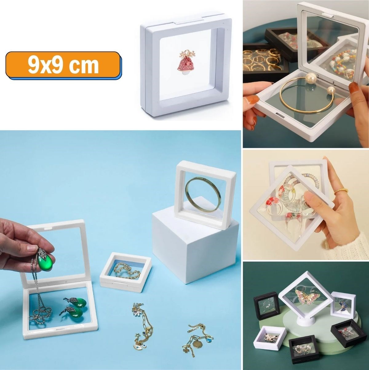 9x9 cm Standlı 3D Takı Ziynet Hatıra Koleksiyon Saklama Kutusu Şeffaf Film Çerçevesi (5271)