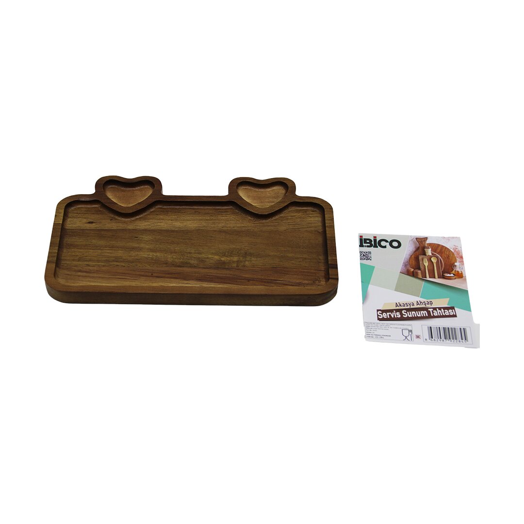 AKASYA DİKDÖRTGEN   3 BÖLMELİ=2İN1 KALP BÖLME+1  AHŞAP SERVİS SUNUM TEPSİ - TAHTASI  25 X 14 X 1.4CM (5271)
