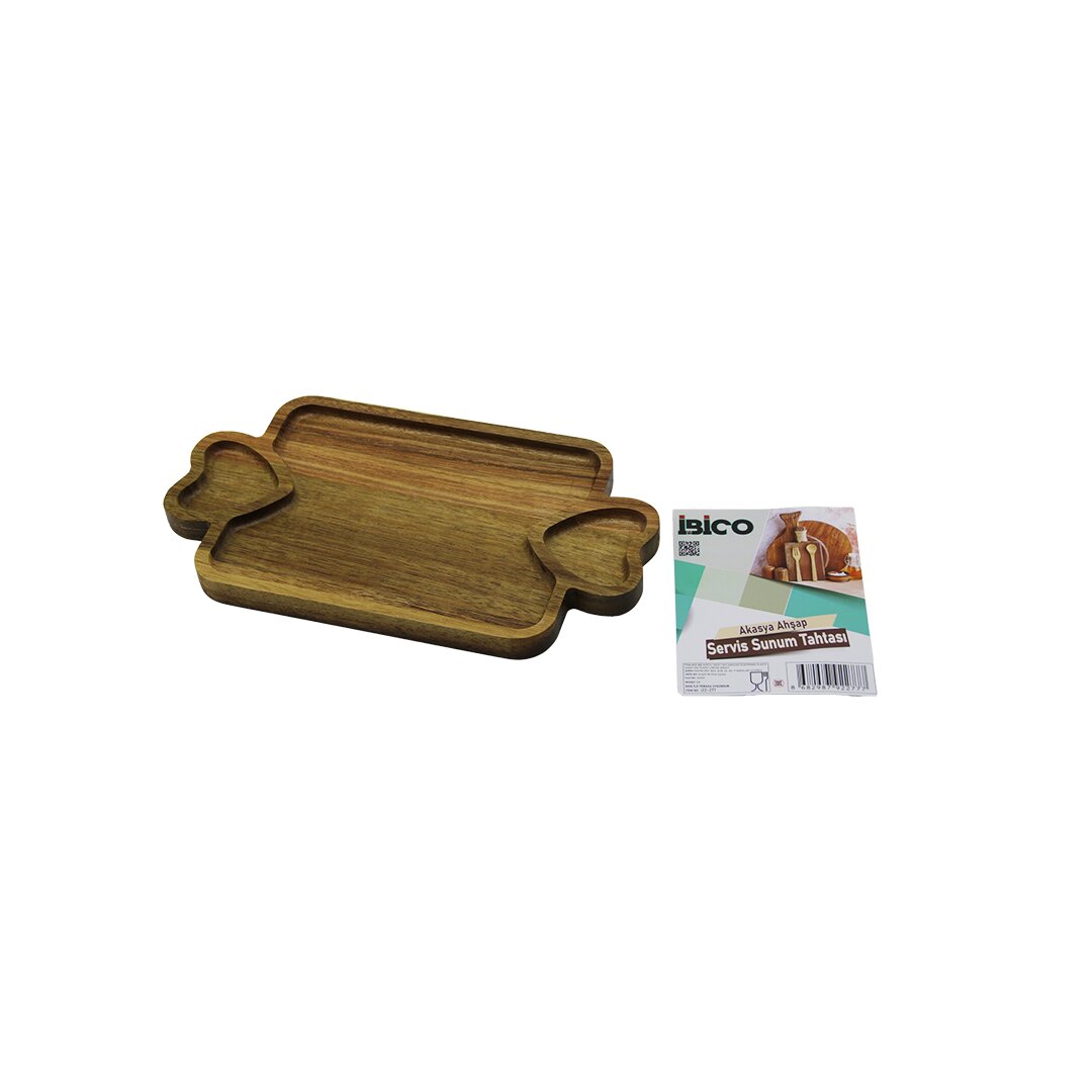 AKASYA DİKDÖRTGEN  3 BÖLMELİ=2İN1 KALP KULP - BÖLME + 1 AHŞAP BAMBU SERVİS SUNUM TEPSİ - TAHTASI  25 X 14 X 1.4CM (5271)
