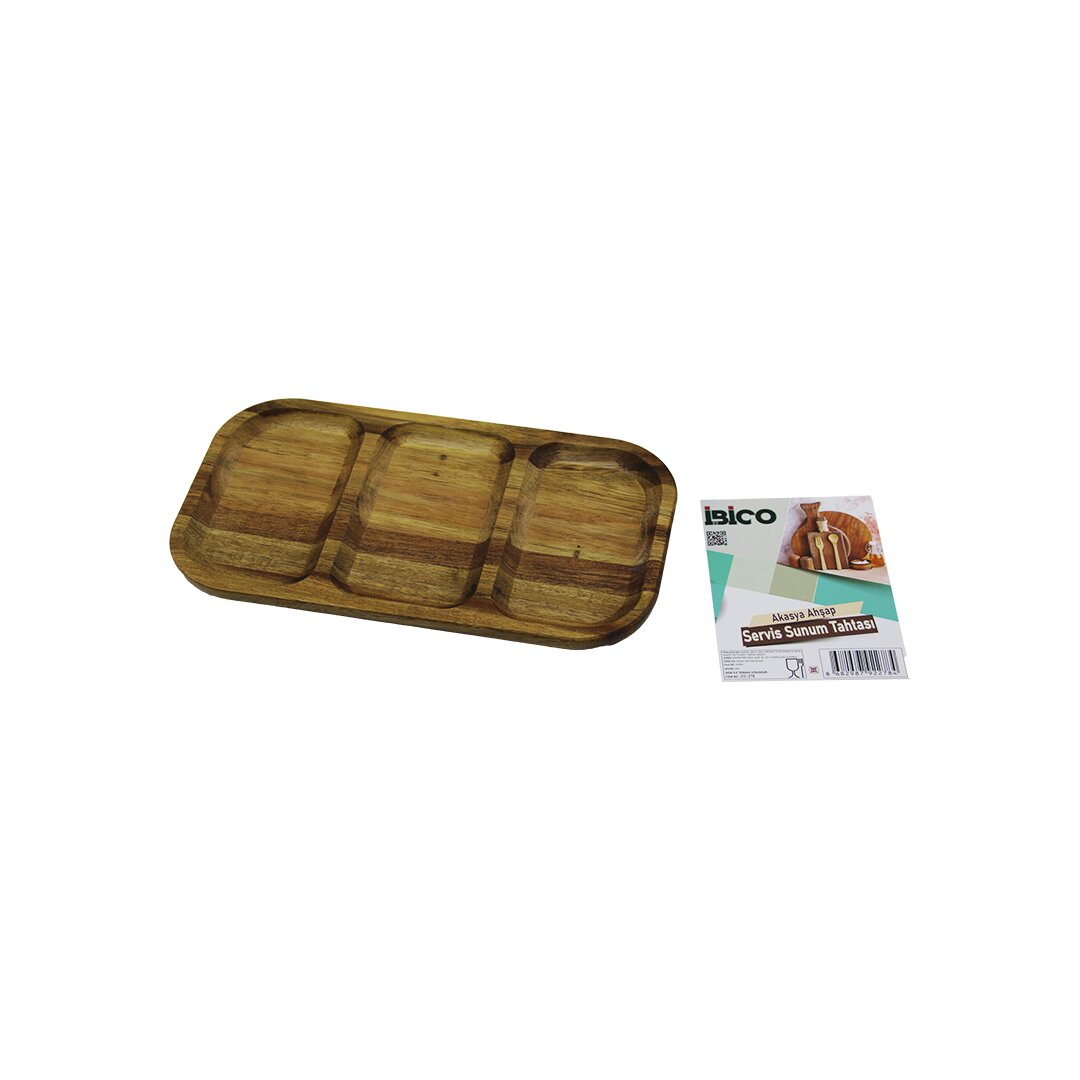 AKASYA DİKDÖRTGEN 3 BÖLMELİ=2+1  AHŞAP SERVİS SUNUM TEPSİ - TAHTASI  25 X 14 X 1.4CM (5271)