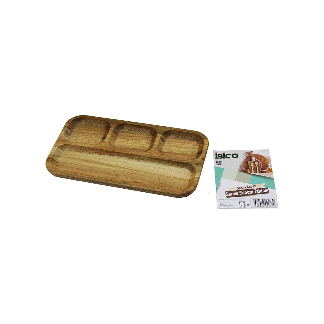 AKASYA DİKDÖRTGEN  4 BÖLMELİ=3+1  AHŞAP SERVİS SUNUM TEPSİ - TAHTASI  25 X 14 X 1.4CM (5271)