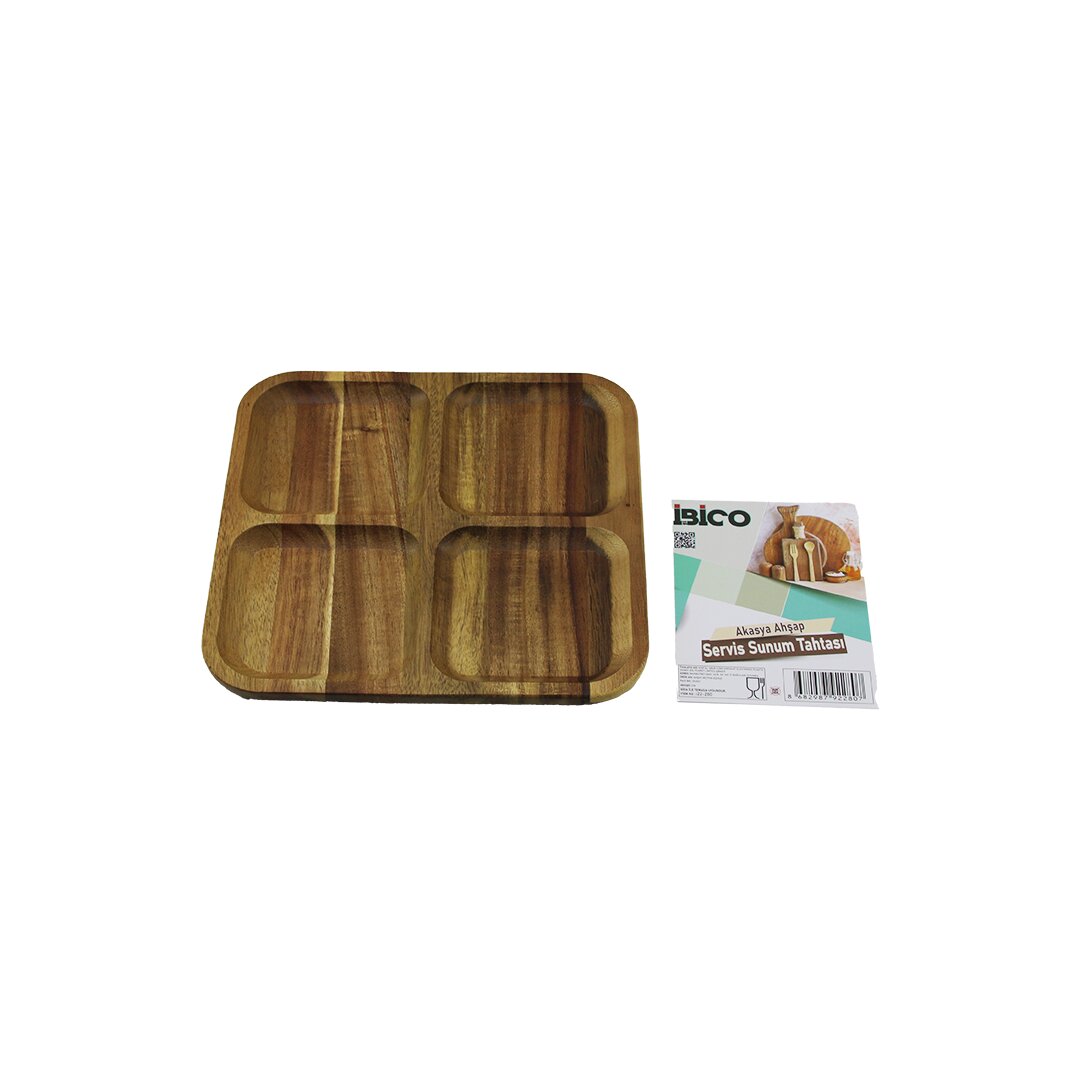 AKASYA KARE 4 BÖLMELİ  AHŞAP SERVİS SUNUM TEPSİ - TAHTASI  20 X 1.4CM (5271)