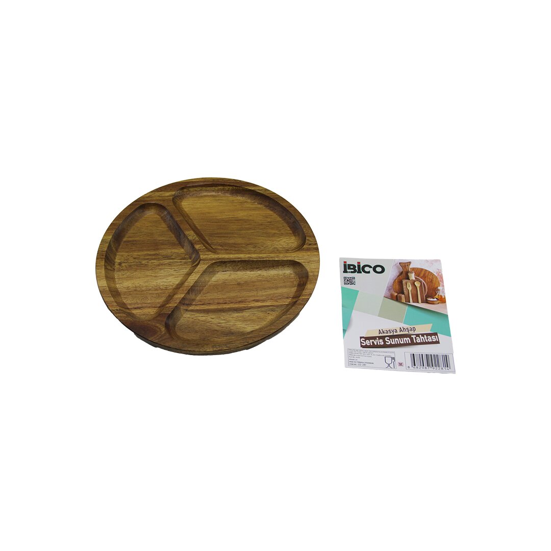 AKASYA YUVARLAK 3 BÖLMELİ  AHŞAP SERVİS SUNUM TEPSİ - TAHTASI  20 X 1.4CM (5271)