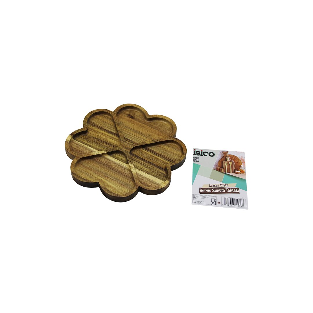 AKASYA YUVARLAK  4 KALP BÖLMELİ  AHŞAP SERVİS SUNUM TEPSİ - TAHTASI  21 X 1.4CM (5271)