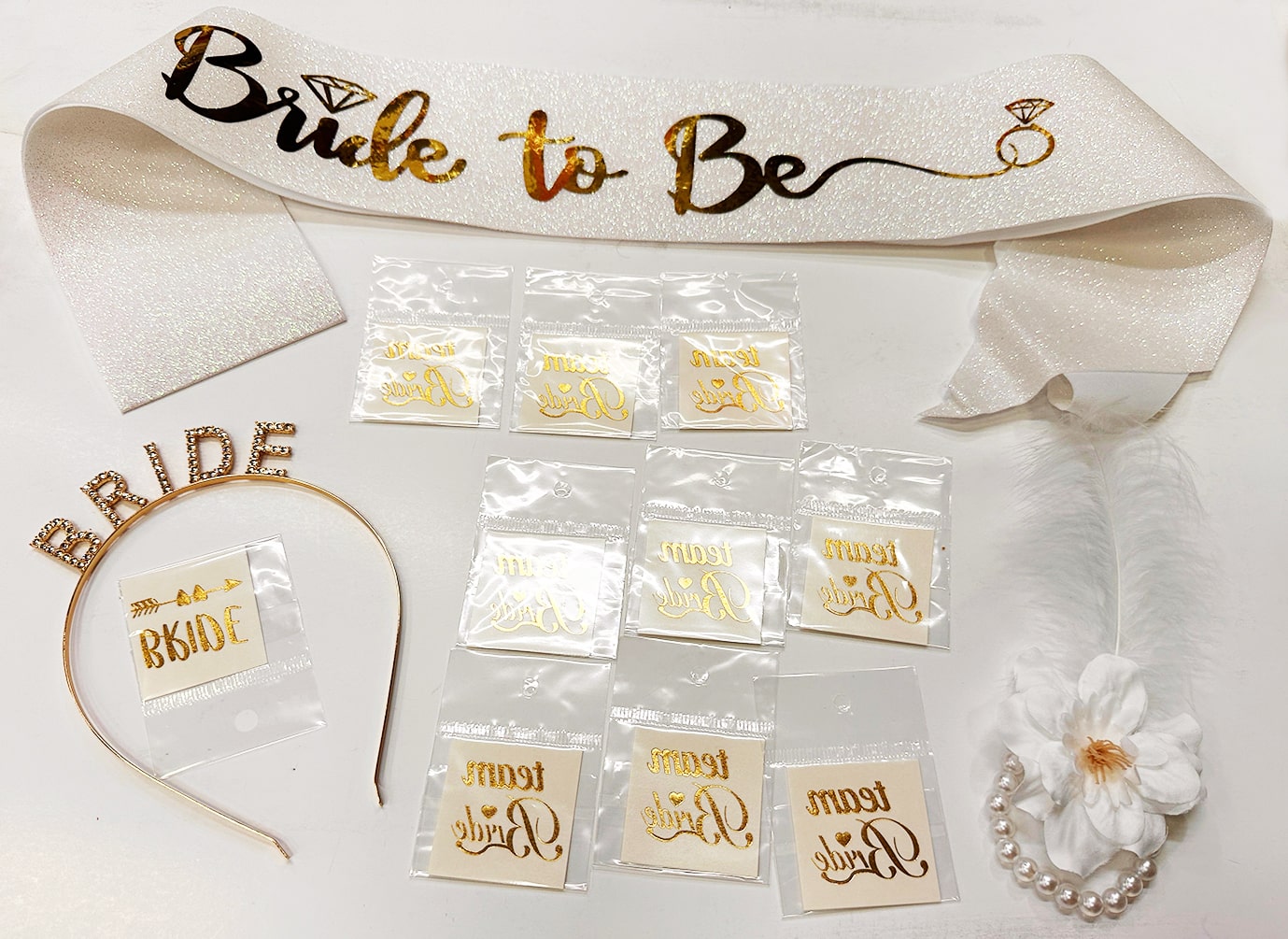 Altın Renk Bride Partisi Taç Kuşak Dövme Bileklik Seti Full 13 Parça (5271)