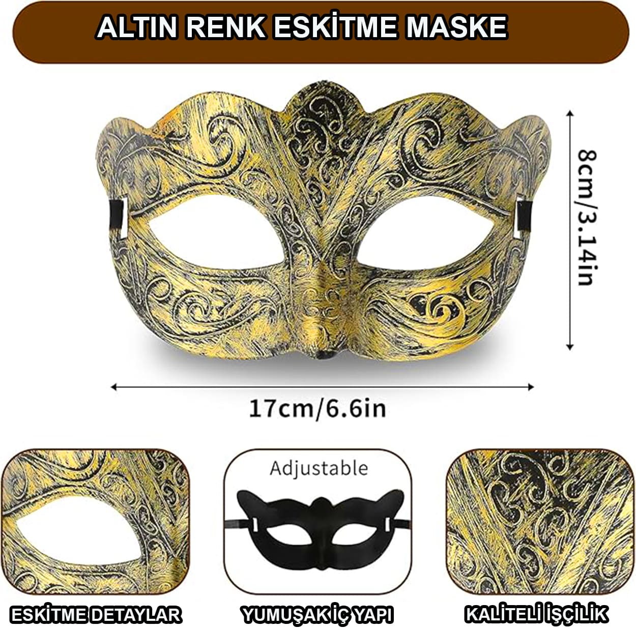 Altın Renk Eskitme Maskeli Balo Maskesi – Venedik Tarzı Parti Maskesi (5271)