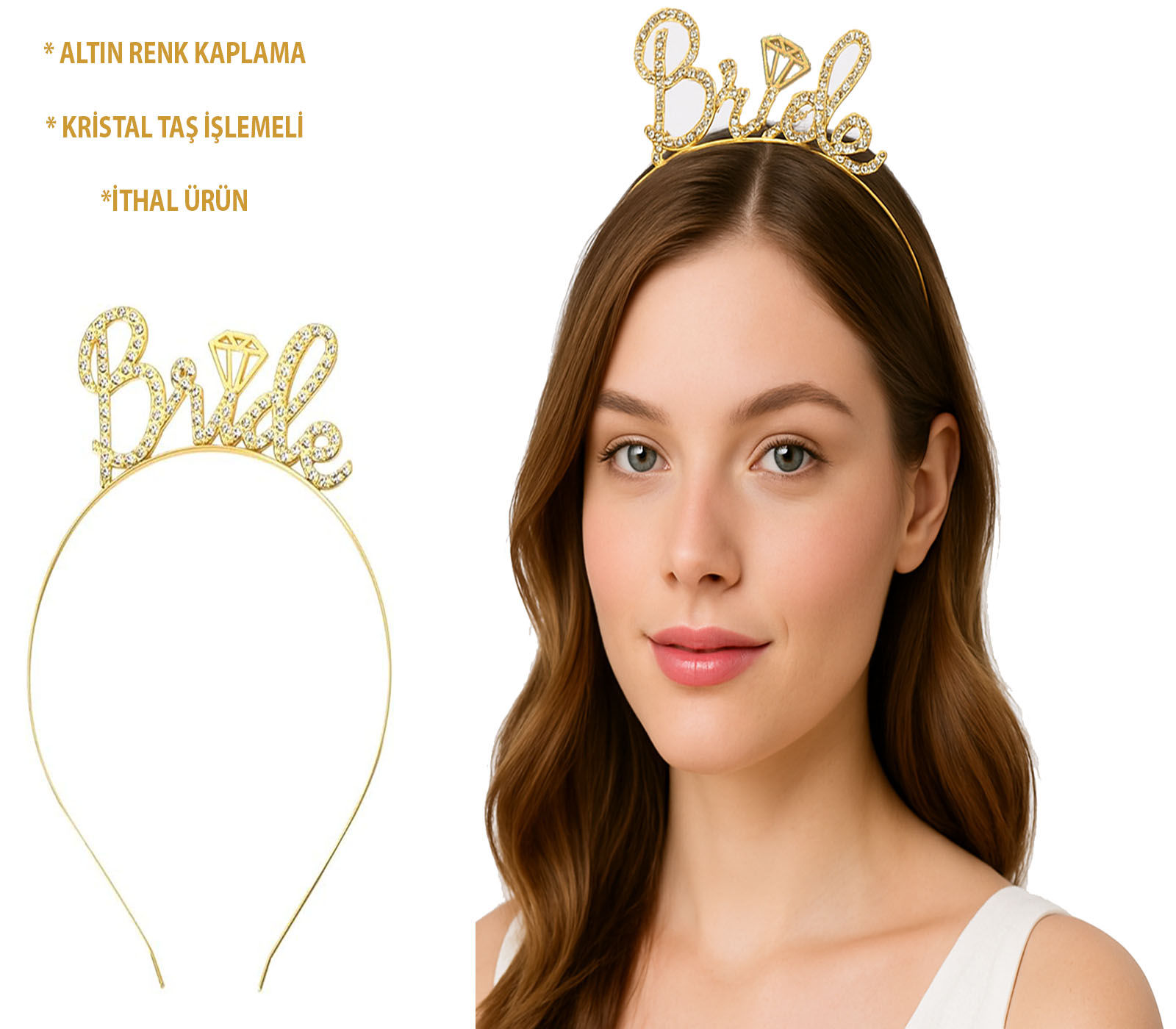 Altın Renkli Taşlı “Bride” Gelin Tacı – El Yazısı Yazı Tipiyle (5271)