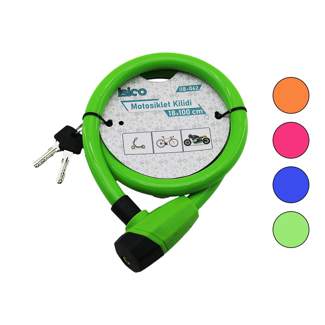 ANAHTARLI KALIN MOTOR - BİSİKLET KİLİT ÇELİK TEL RENKLİ KILIF 18MMX100CM (5271)