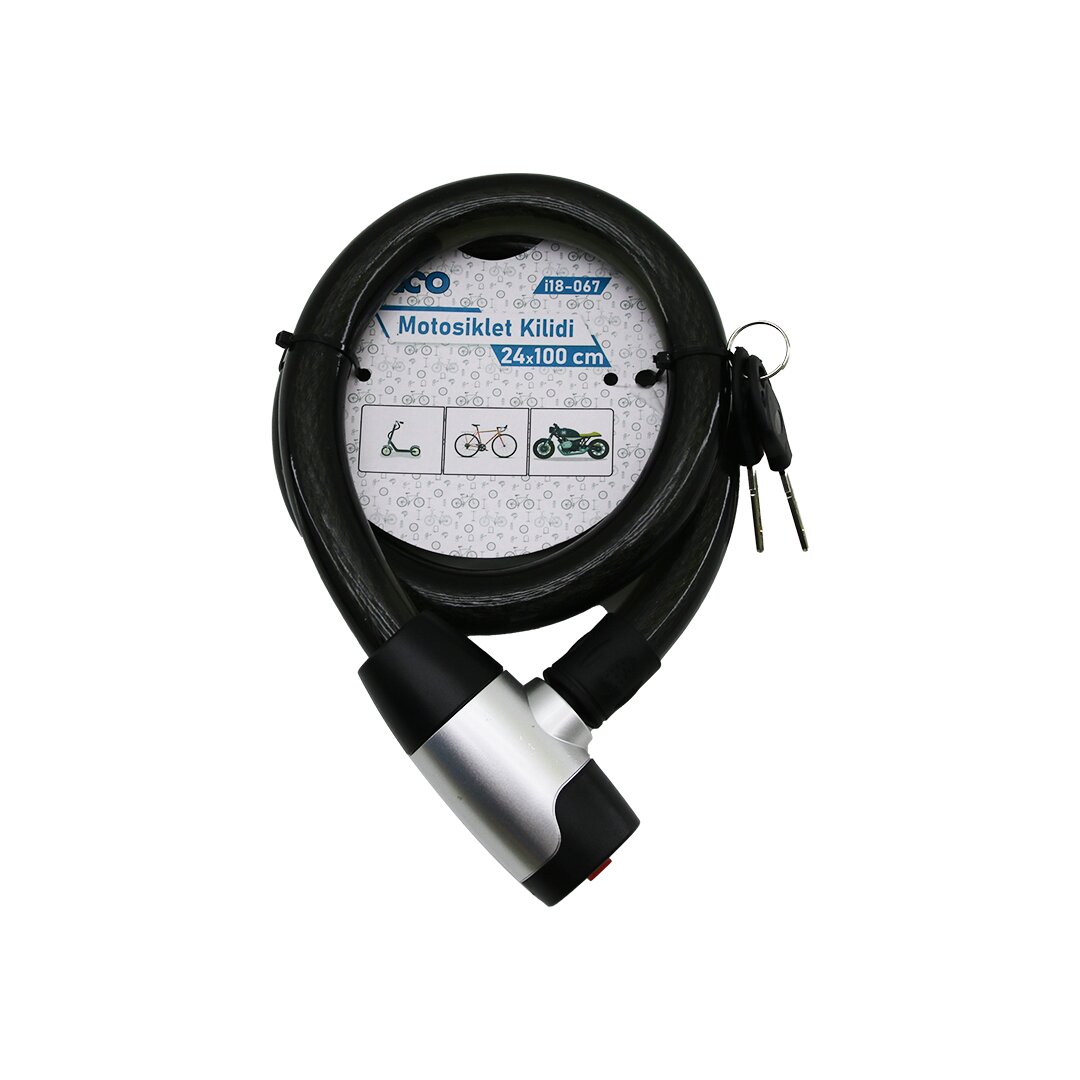 ANAHTARLI METAL KAPLAMA KAFA ÇEK-İT KİLİT KAPAK MOTOR - BİSİKLET KİLİT ÇELİK TEL SİYAH ŞEFFAF KILIF 24MMX100CM (5271)