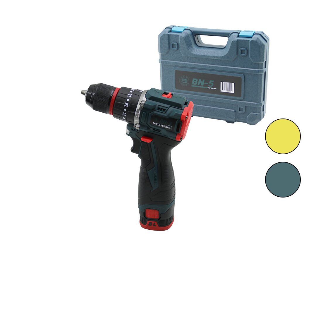 KÖMÜRSÜZ SARI VEYA  MAVİ RENK ŞARJLI DARBELİ MATKAP - UÇ SETİ 1550 RPM24V - 5.0 Ah2-BATARYA (5271)