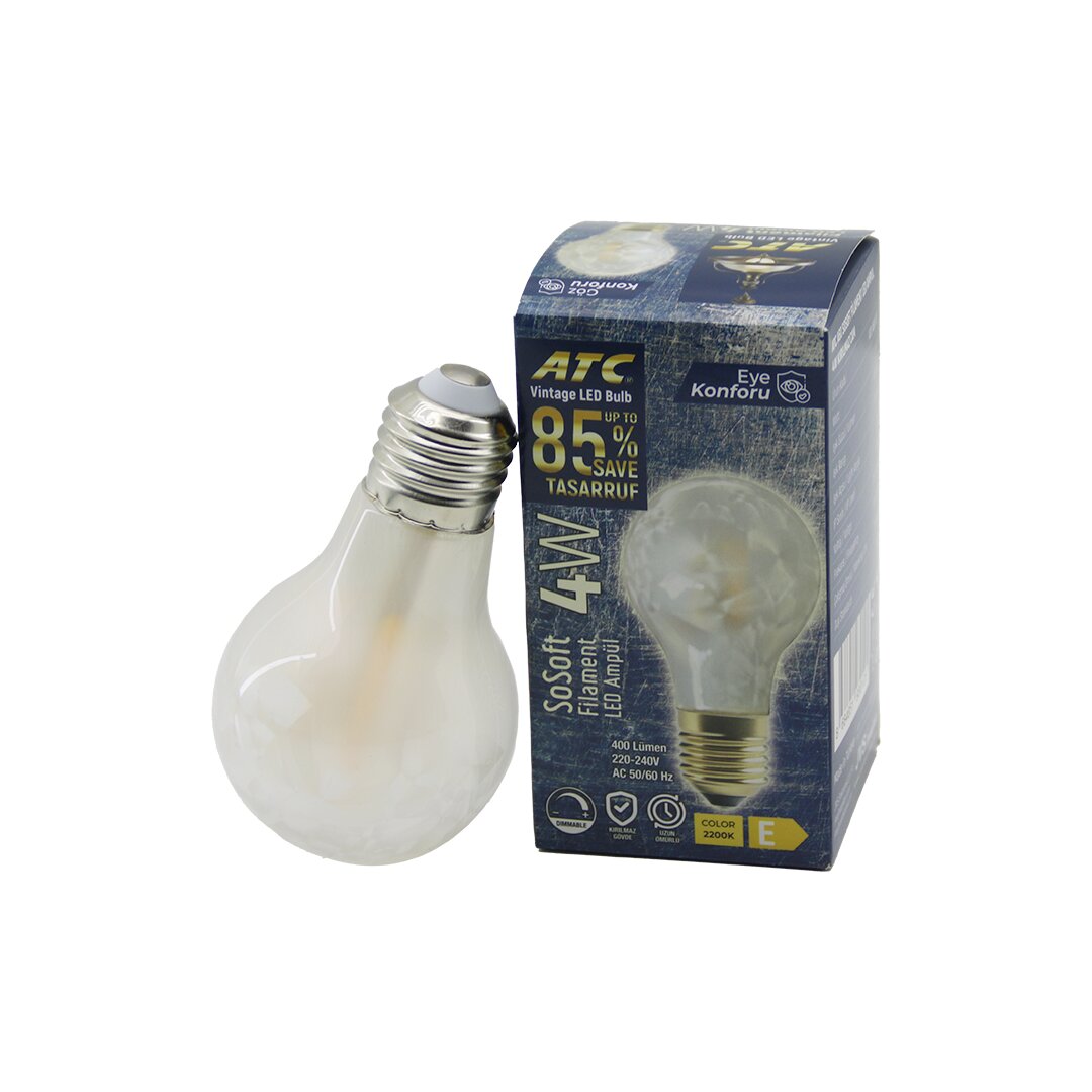 ATC-A60-SS VİNTAGE SOSOFT FİLAMENT 4W LED AMPUL LAMBA E27 KIRILMAZ PLASTİK CAM 400 LÜMEN 2200K 25.000 SAAT (5271)