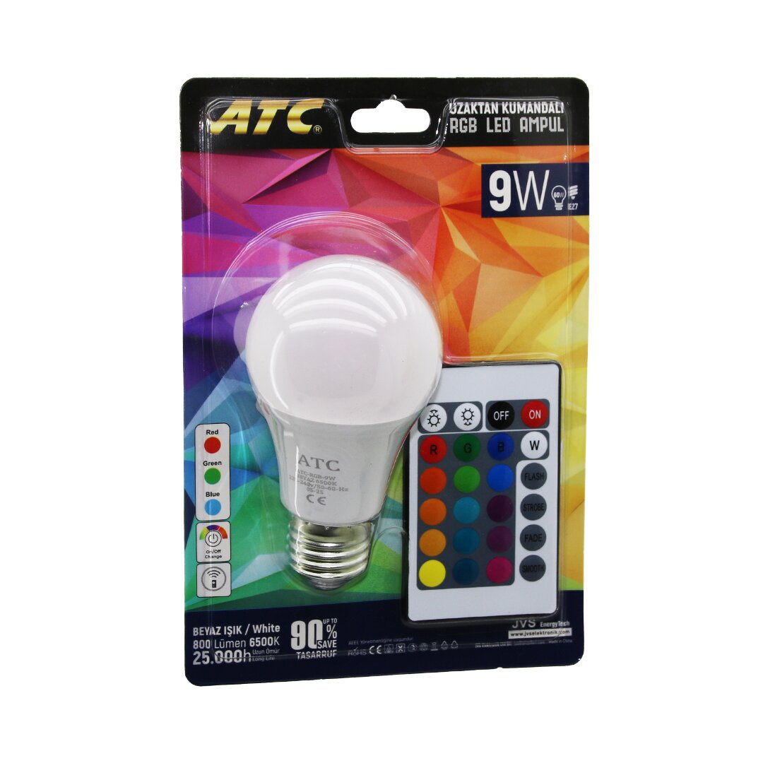 ATC-RGB-9W  KUMANDALI   9W=60W  RGB=16-RENKLİ LED AMPUL E27 800 LÜMEN 6500K 25.000 SAAT ÖMÜR (5271)