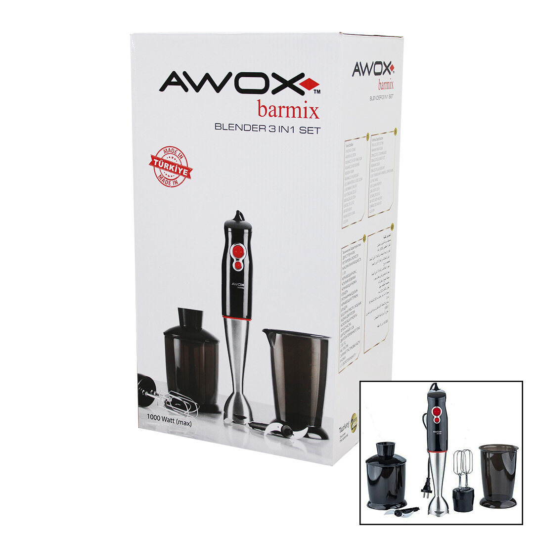 AWOX BARMİX  3İN1  BLENDER SETİ  ÇELİK 2Lİ MİKSER   ÇELİK RONDO BIÇAK   ÇELİK 4 KANATLI BIÇAK   1000W (5271)