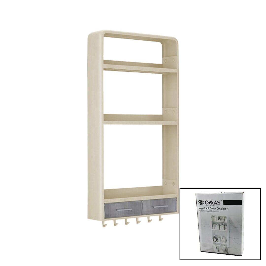 BEJ YAPIŞKANLI DUVAR ORGANİZERİ PLASTİK 3 RAF=14CM-19CM-30CM - 2 ÇEKMECE=40CM - 6 ASKI 19 PCARÇA (5271)