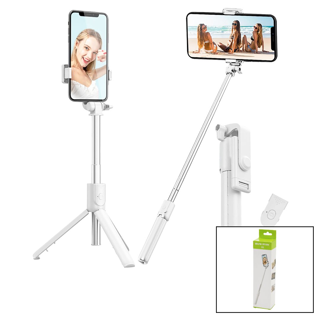 BEYAZ  SELFİ ÇUBUK - TRİPOD AYAKLI  57CM UZAYAN-KISALAN SAPLI + 10CM =67CM (5271)