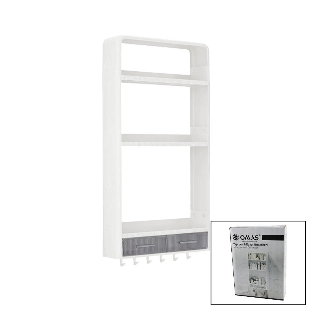 BEYAZ YAPIŞKANLI DUVAR ORGANİZERİ PLASTİK 3 RAF=14CM-19CM-30CM - 2 ÇEKMECE=40CM - 6 ASKI 19 PARÇA (5271)