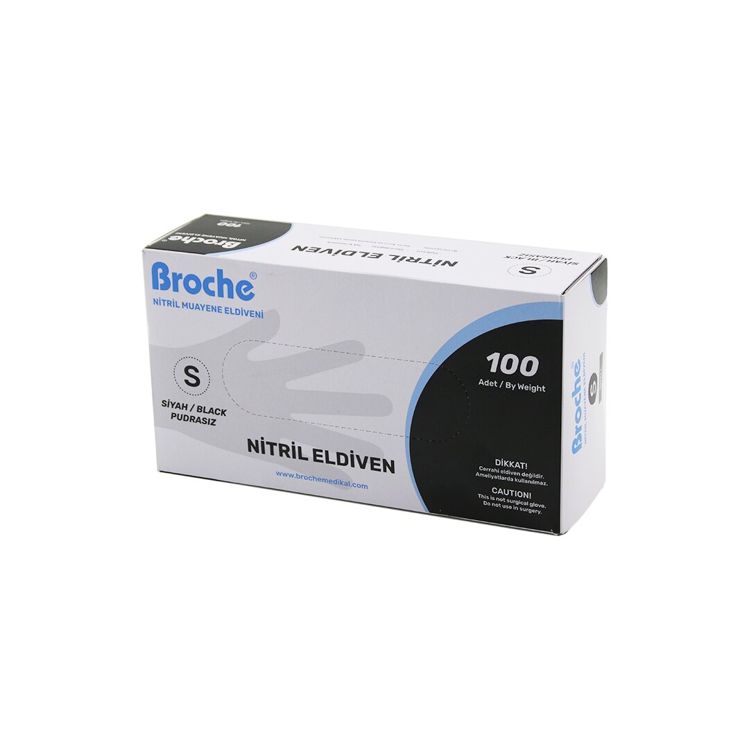 BROCH  S BEDEN SİYAH PUDRASIZ NİTRİL MUAYENE ELDİVENİ  100LÜ (5271)