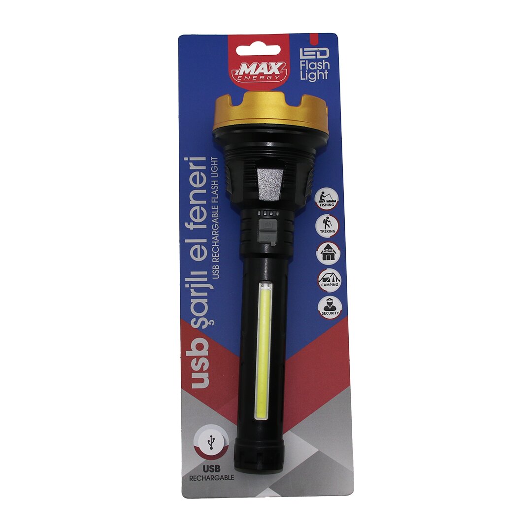BÜYÜK=24CM 2İN1= OSL LED - COB LED USB ŞARJLI EL FENERİ 3-KADEME IŞIK - FLAŞÖR ŞARJ GÖSTERGE (5271)