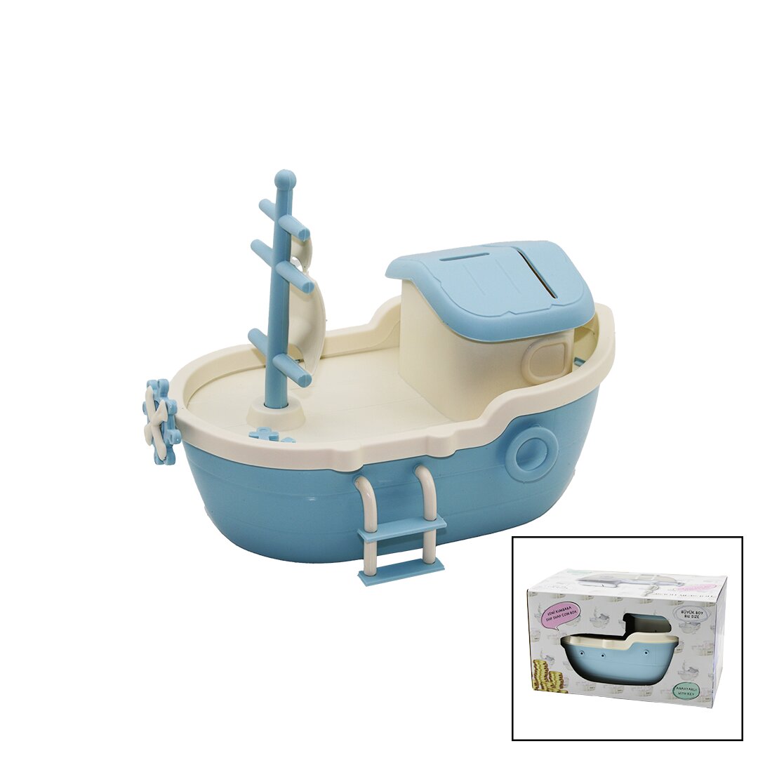 BÜYÜK GEMİ KUMBARA KİLİTLİ RENKLİ PLS. TBN:10X18CM - GÜVERTE: 14.5X24.5CM Y: 8-10-13CM (5271)