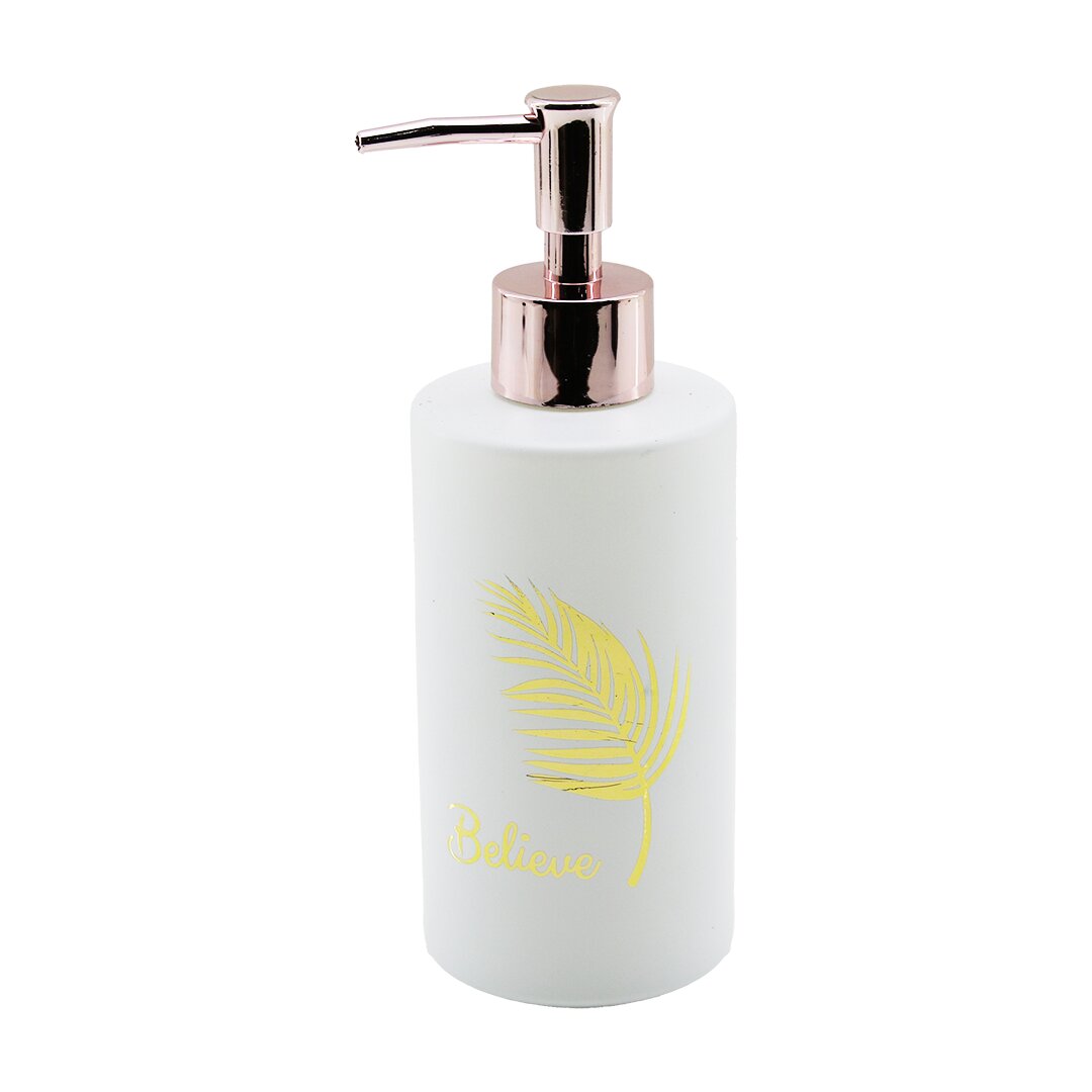 CAM  YUVARLAK - BEYAZ ŞİŞE--GOLD YAPRAK DESEN SIVI SABUNLUK 350ML BRONZ PLASTİK POMPA (5271)