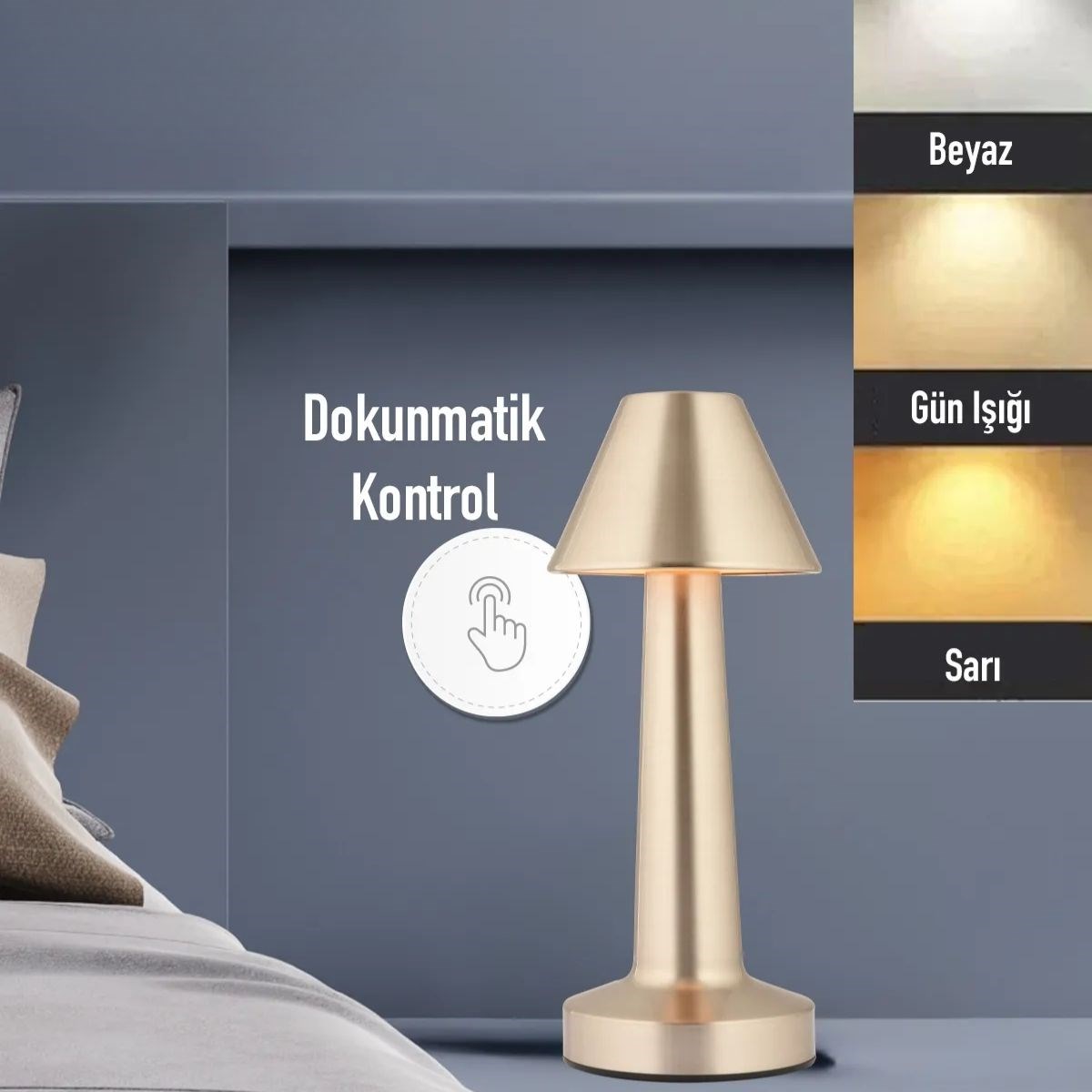 Çatı Model Gold Renk Şarjlı Dokunmatik 3 Renkli LED Masa Lambası (5271)