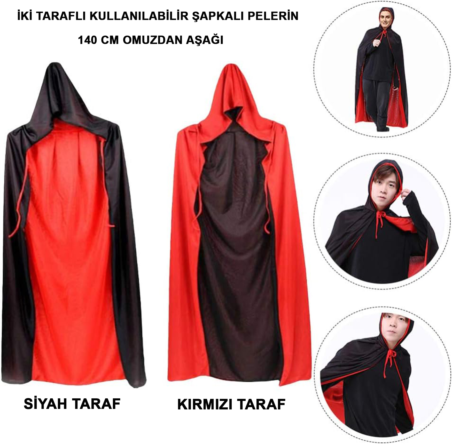 Çift Taraflı Kullanılabilir Siyah Kırmızı Kapişonlu Pelerin 140 cm Yetişkin (5271)