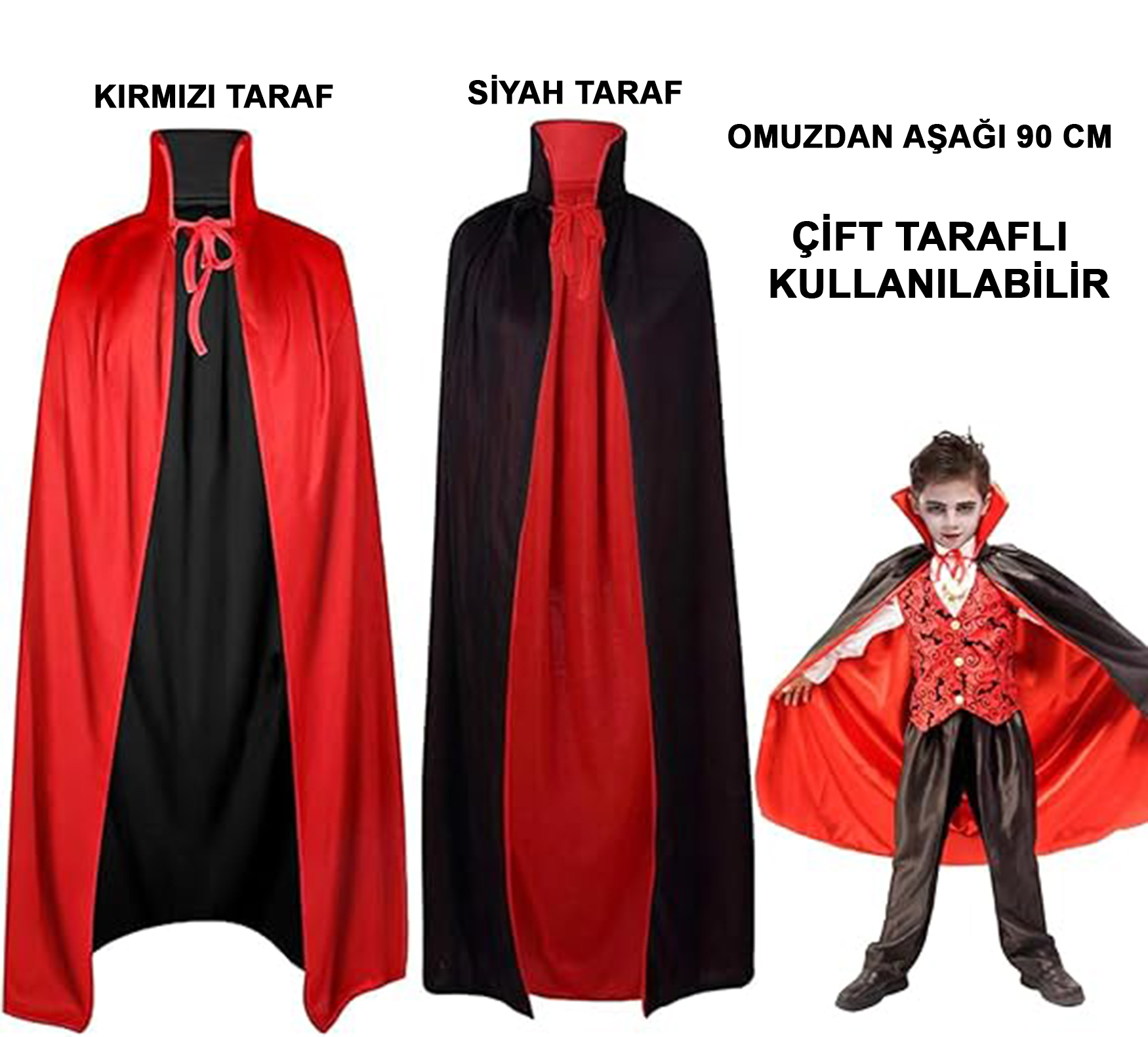 Çift Taraflı Kullanılabilir Siyah Kırmızı Yakalı Pelerin 90 cm Çocuk (5271)