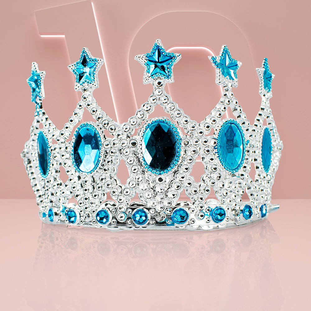 Çocuk Kraliçe Tacı - Mavi Yıldız İşlemeli Prenses Tacı 15x7 cm (5271)