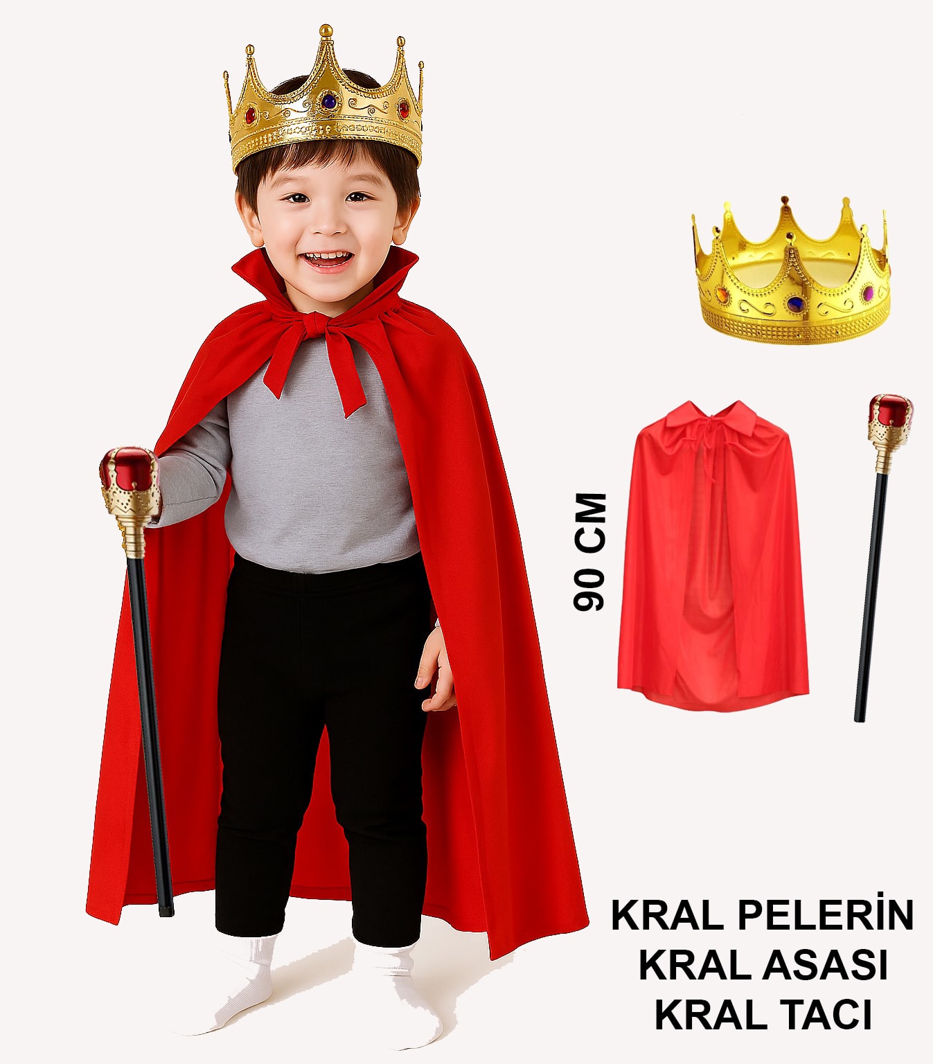 Çocuk Kral Kostüm Seti – Kırmızı Pelerin, Taç ve Asa (90 cm) (5271)