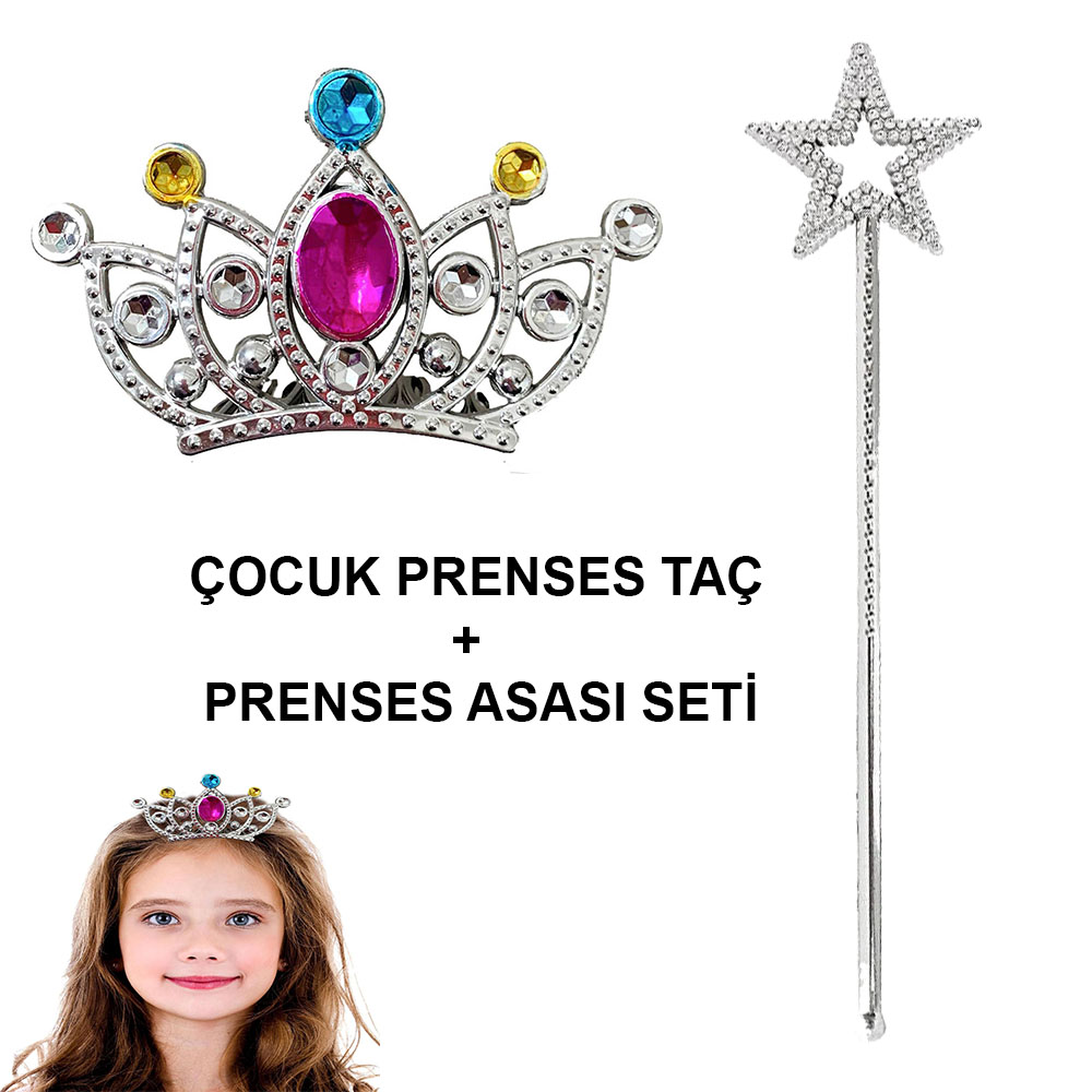 Çocuklar İçin Taraklı Prenses Tacı ve Prenses Yıldız Asa Seti Gümüş (5271)