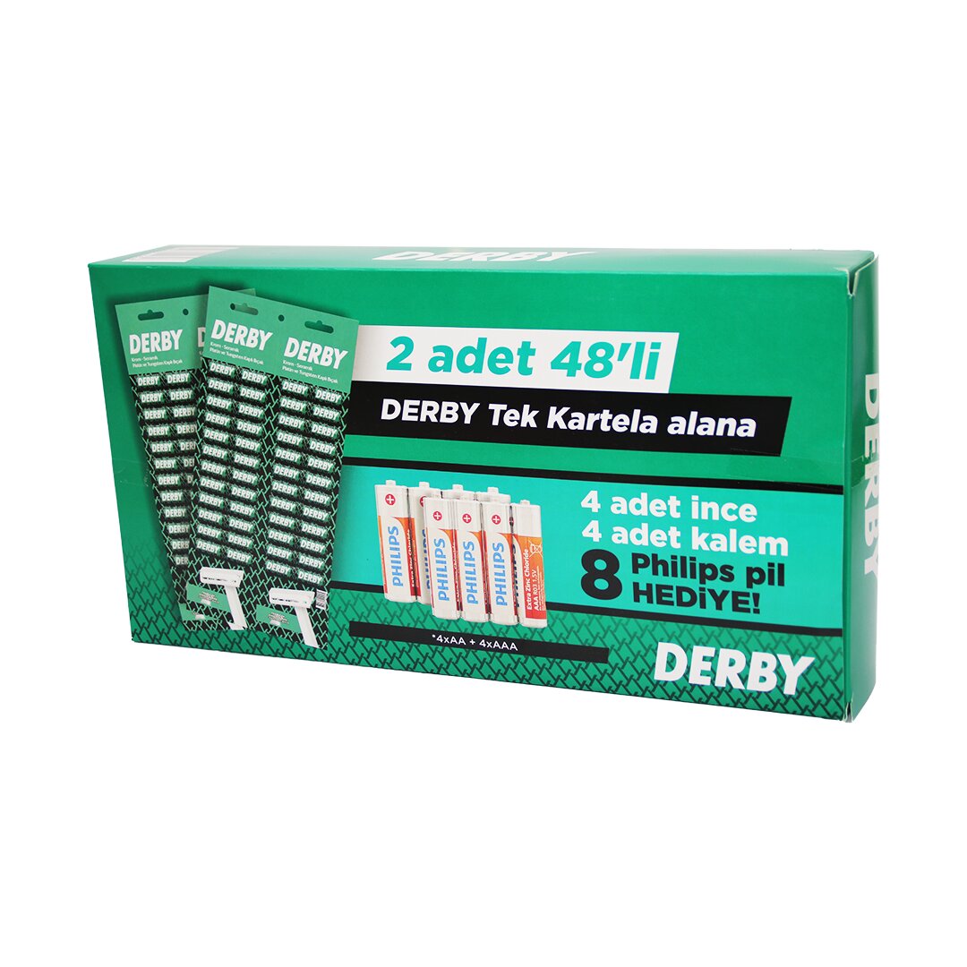 DERBY TEK BIÇAK KARTELALI JİLET 96 PARÇA 4 KALEM 4 İNCE PİL HEDİYELİ (5271)