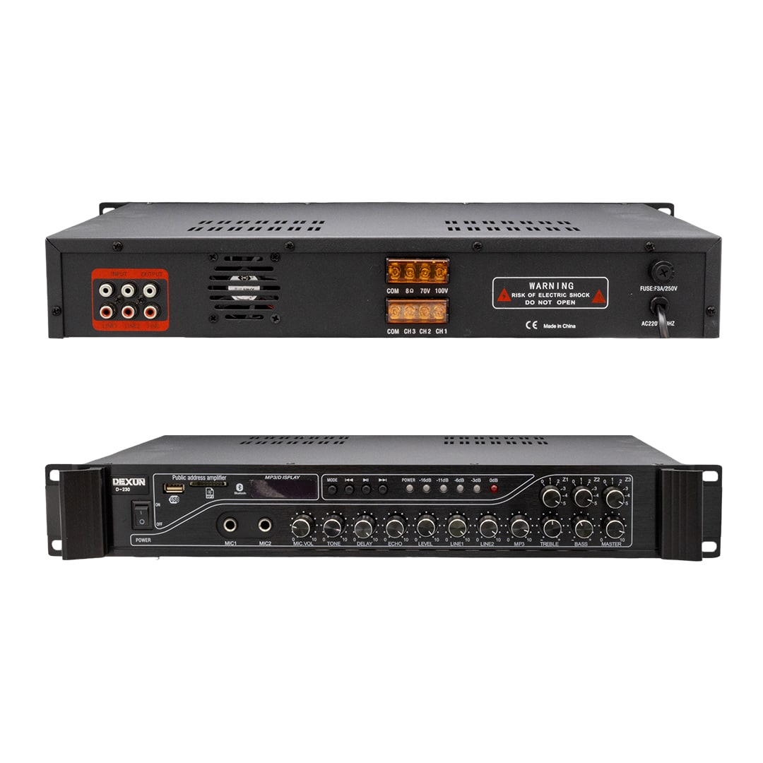 DEXUN D-230 250 WATT 3 ZONE İKİ MİK GRŞ USB-BT 4/16-70-100V HAT TRAFOLU ANFİ (5271)