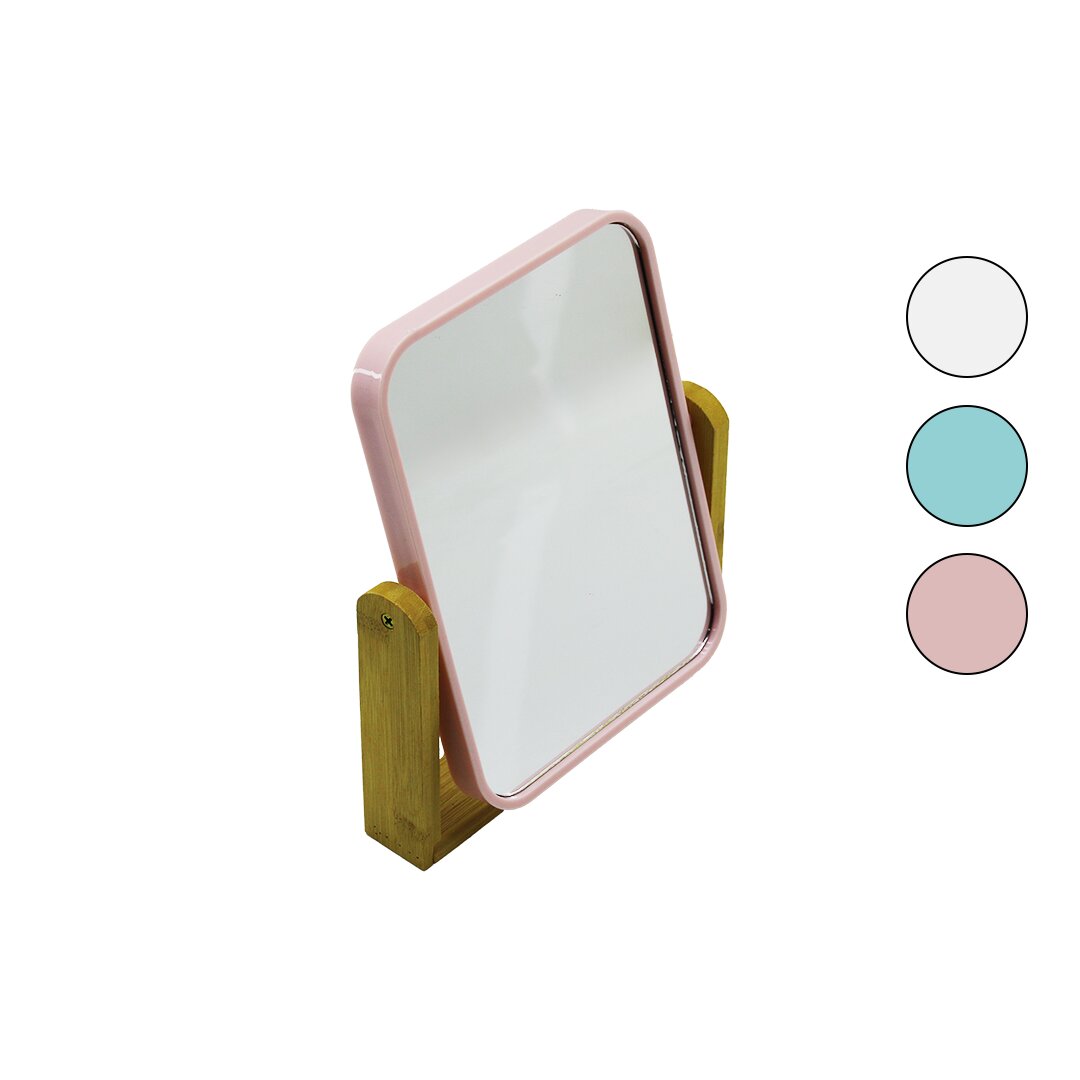DİKDÖRTGEN=20.5X15.5CM AHŞAP BAMBU AYAKLI MAKYAJ AYNASI ÇİFT TARAFLI RENKLİ PLASTİK ÇERÇEVE (5271)