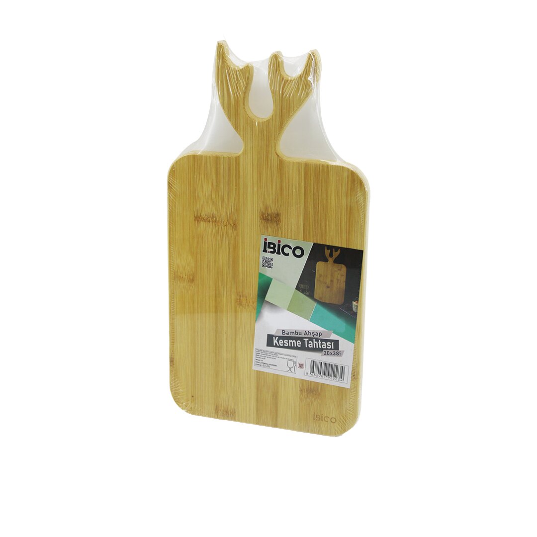 DİKDÖRTGEN=22X38CM  AHŞAP BAMBU KESİM PANOSU - KESME TAHTASI GEYİK BOYNUZ FİGÜR SAPLI (5271)