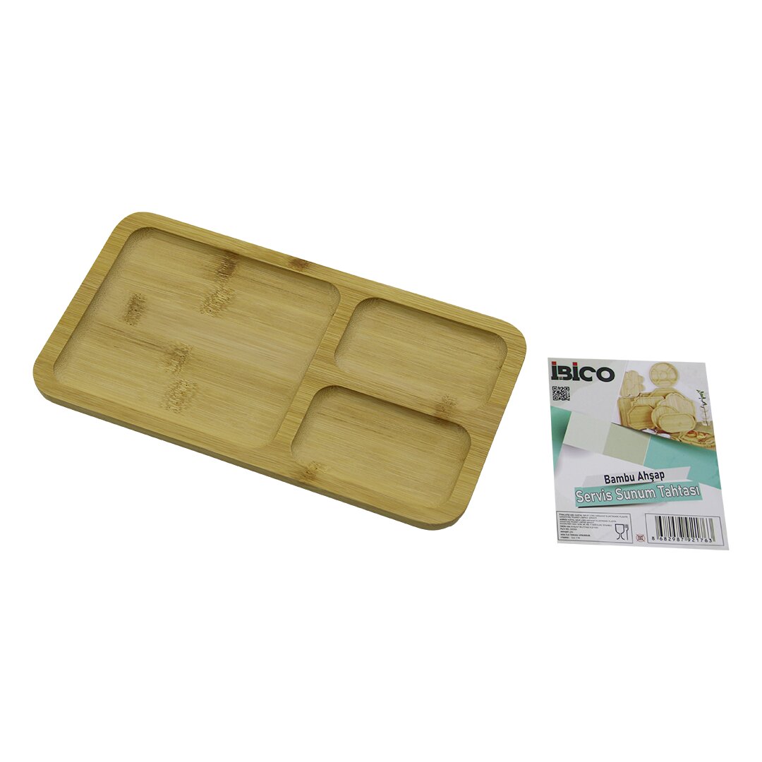 DİKDÖRTGEN 3 BÖLMELİ=2+1 AHŞAP BAMBU SERVİS SUNUM TEPSİ - TAHTASI 24.8 X 13.8 X 1.4CM (5271)
