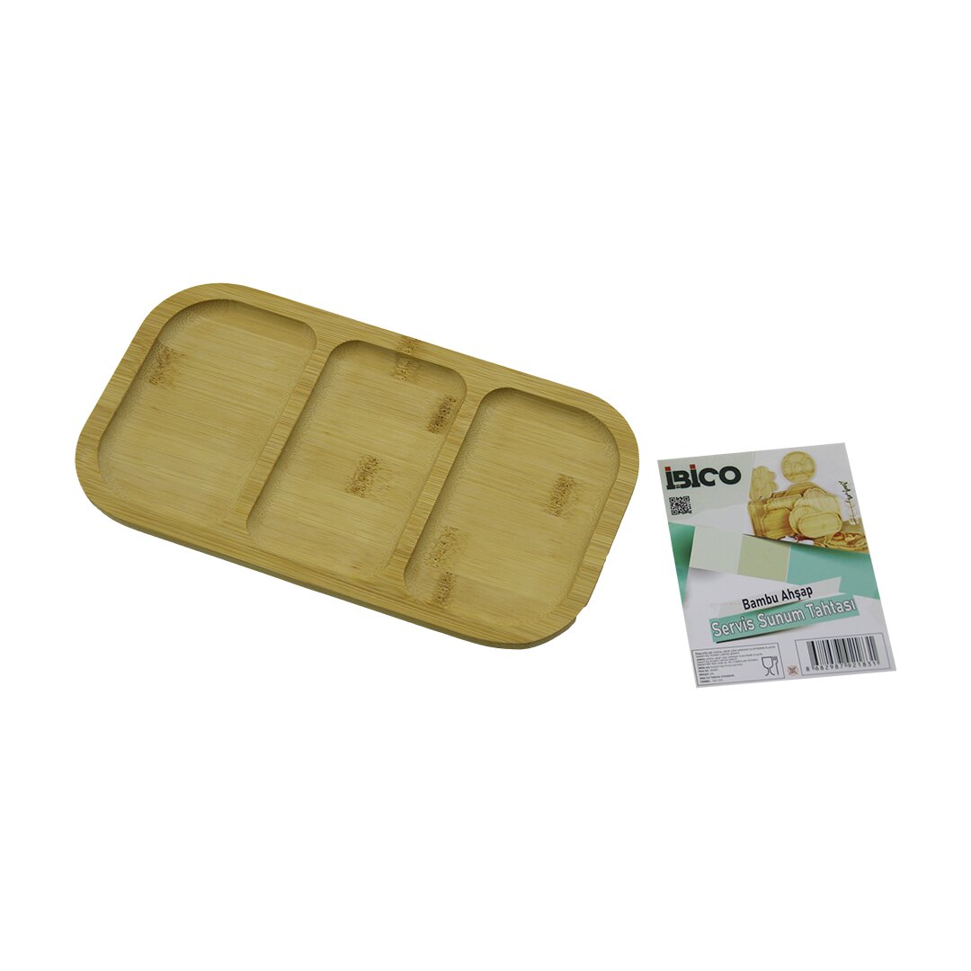 DİKDÖRTGEN 3 BÖLMELİ=2+1 AHŞAP BAMBU SERVİS SUNUM TEPSİ - TAHTASI 25 X 14 X 1.4CM (5271)