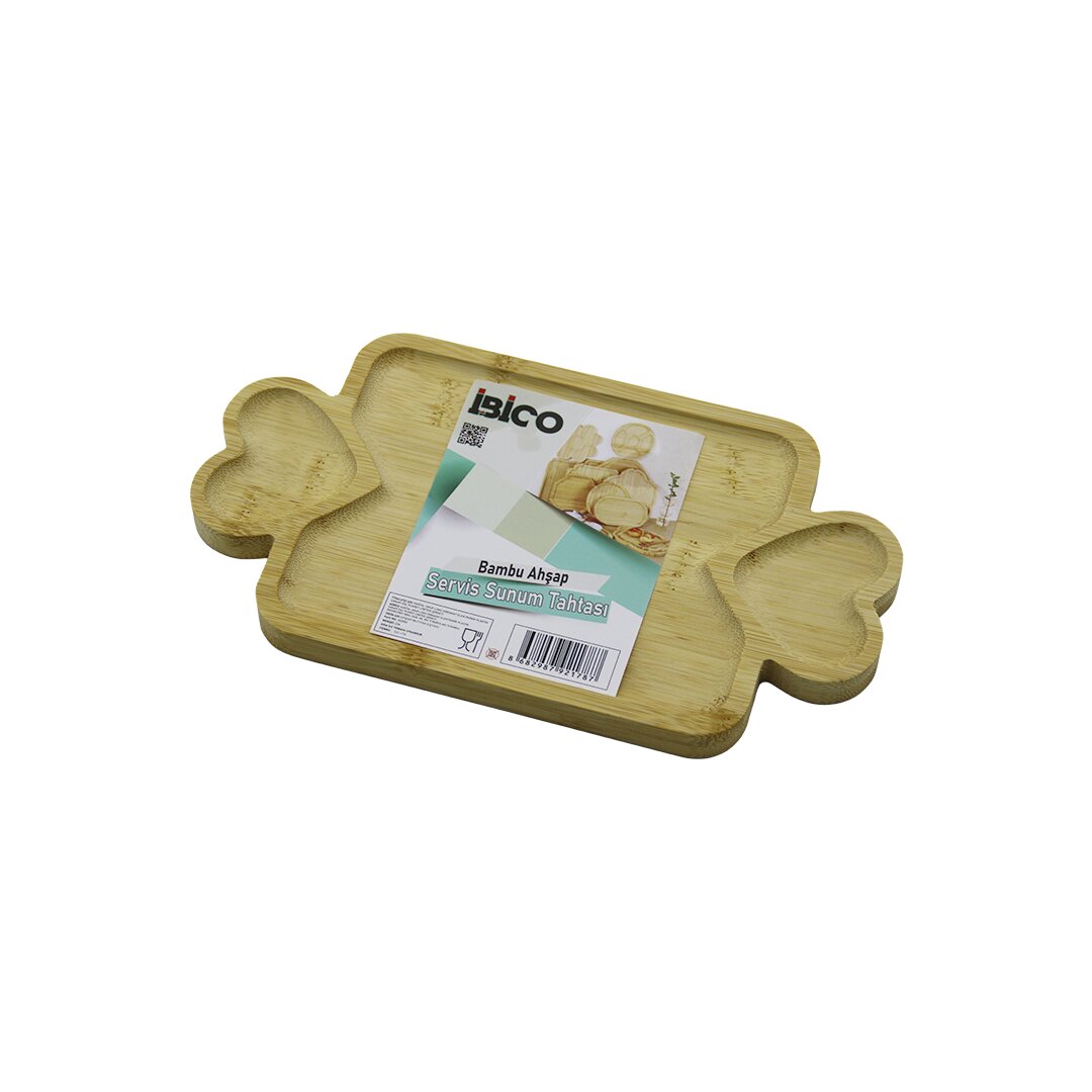 DİKDÖRTGEN 3 BÖLMELİ=2İN1 KALP KULP - BÖLME + 1 AHŞAP BAMBU SERVİS SUNUM TEPSİ - TAHTASI 25 X 14 X 1.4CM (5271)