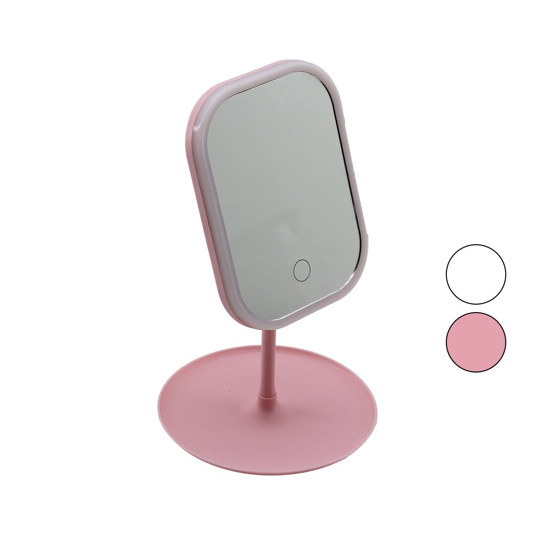 DİKDÖRTGEN LEDLİ - USB ŞARJLI MAKYAJ AYNASI 90° TAKILIK SEPETLİ AYAK RENKLİ PLS 13.5X18.5CM (5271)