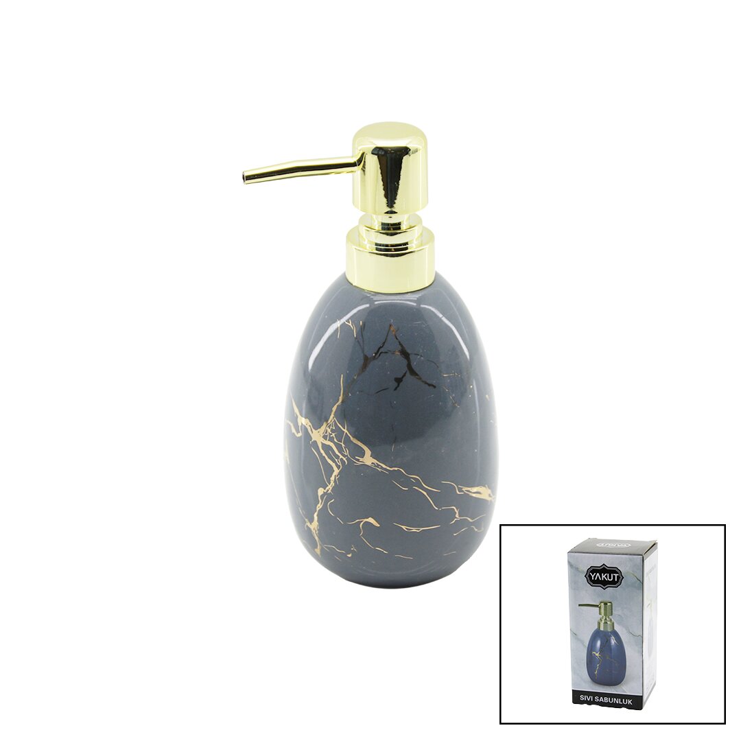 DİKEY TOMBUL GRİ MERMER DESEN SERAMİK SIVI SABUNLUK GOLD KAPAK (5271)
