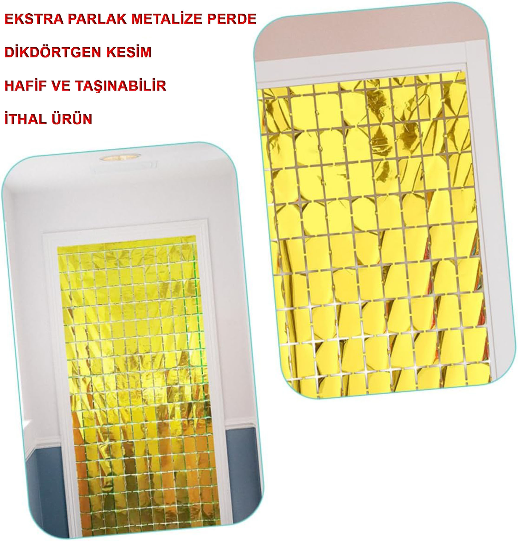 Ekstra Metalize Altın Renk Disko Dikdörtgen Kesim Kapı Perdesi Dekorasyon 1x2 Metre (5271)