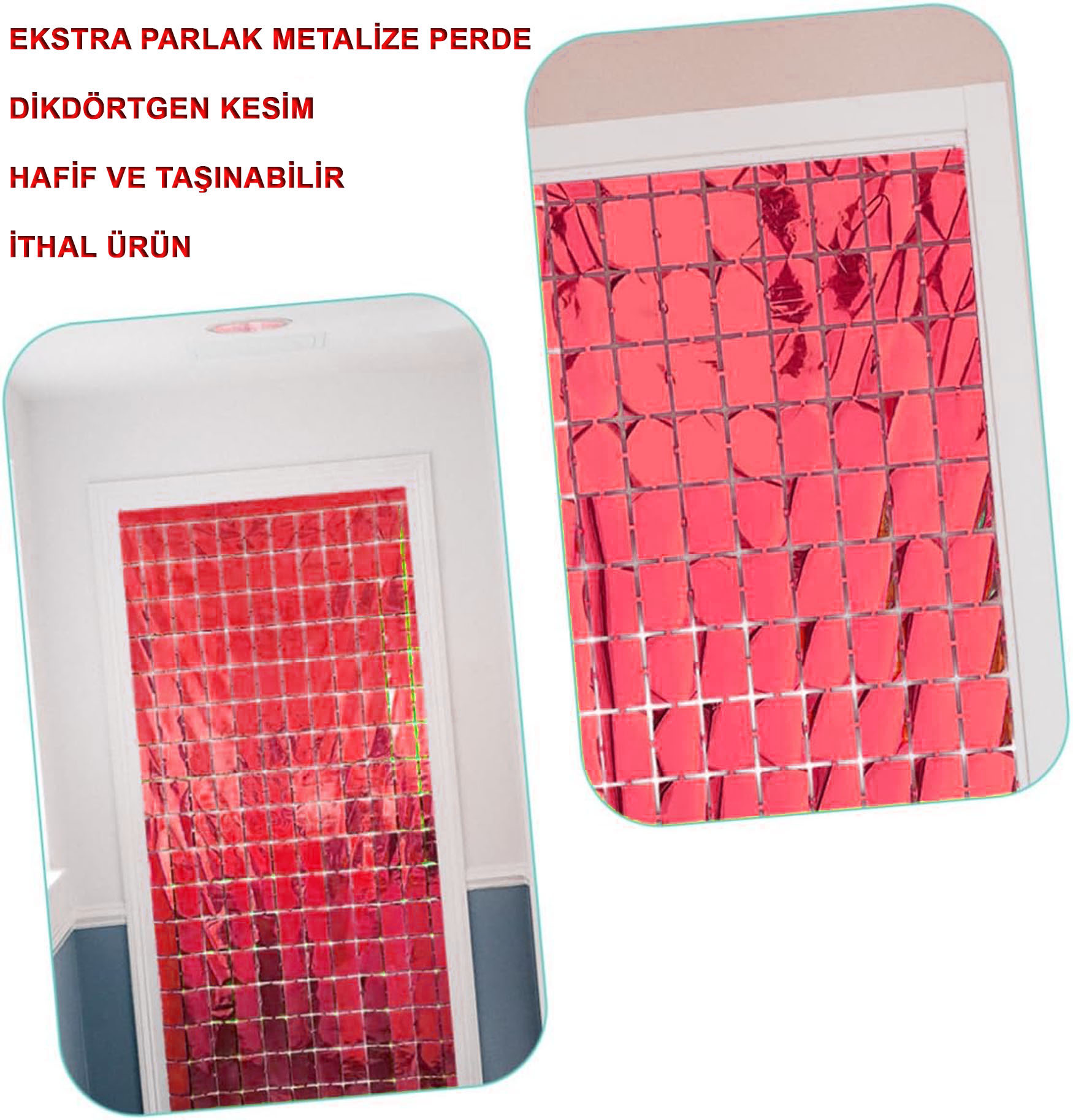 Ekstra Metalize Kırmızı Renk Disko Dikdörtgen Kesim Kapı Perdesi Dekorasyon 1x2 Metre (5271)